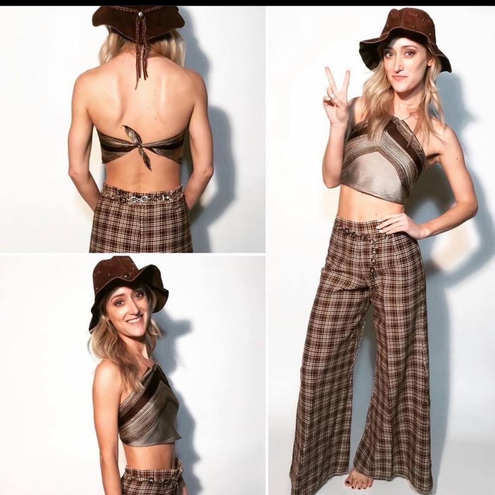 1970s High Waisted Brown White Plaid Palazzo Pants